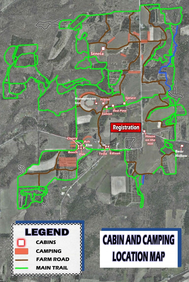 Tall Pines ATV Park cabin and camping location map
